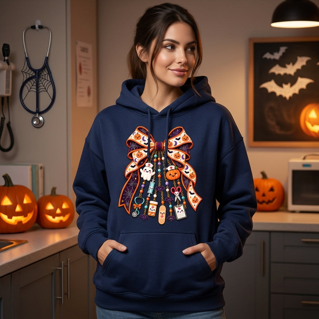 Personalized Halloween Nurse Doodles T-shirt Sweatshirt Hoodie – Spooky Medical Gift - mockup 3