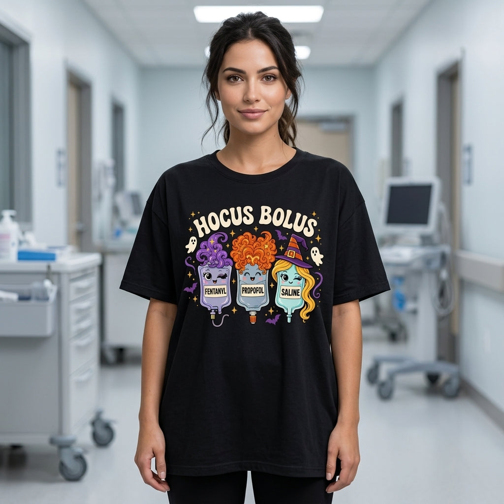Hocus Bolus Funny Nurse Halloween T-shirt Sweatshirt Hoodie – Sedation CRNA ICU Gift - mockup 1