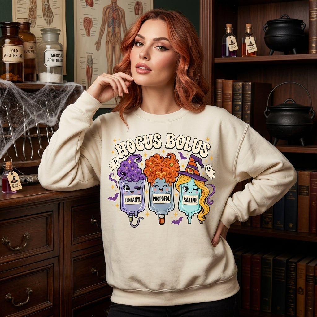 Hocus Bolus Funny Nurse Halloween T-shirt Sweatshirt Hoodie – Sedation CRNA ICU Gift - mockup 2