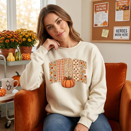Retro Nurse Pumpkin T-shirt Sweatshirt Hoodie - Fall Floral Nursing Apparel - mockup 2