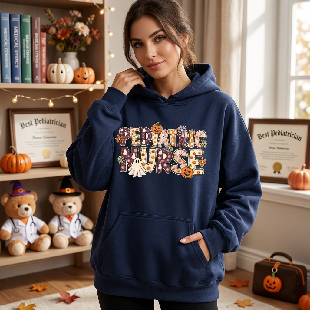 Spooky Pediatric Nurse Halloween T-Shirt Sweatshirt Hoodie - PEDS Nurse Fall Gift - mockup 3