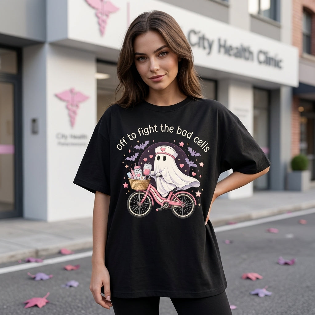 Off to Fight the Bad Cells Ghost Nurse T-shirt Sweatshirt Hoodie – Chemo Support Gift - mockup 1
