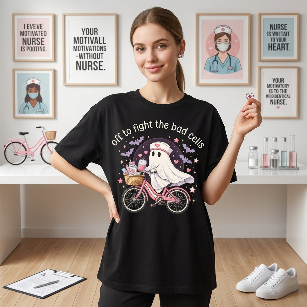 Ghost Nurse Off To Fight The Bad Cells T-shirt Sweatshirt Hoodie – Fall Nurse Gift - mockup 1