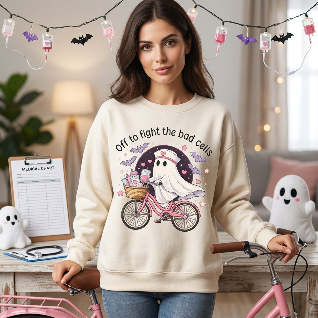 Ghost Nurse Off To Fight The Bad Cells T-shirt Sweatshirt Hoodie – Fall Nurse Gift - mockup 2