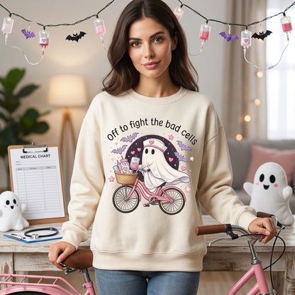 Ghost Nurse Off To Fight The Bad Cells T-shirt Sweatshirt Hoodie – Fall Nurse Gift - mockup 2