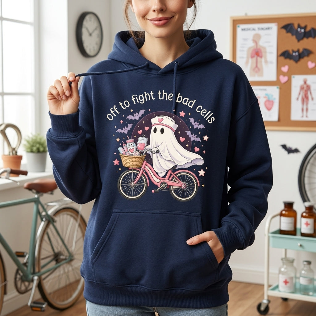Ghost Nurse Off To Fight The Bad Cells T-shirt Sweatshirt Hoodie – Fall Nurse Gift - mockup 3