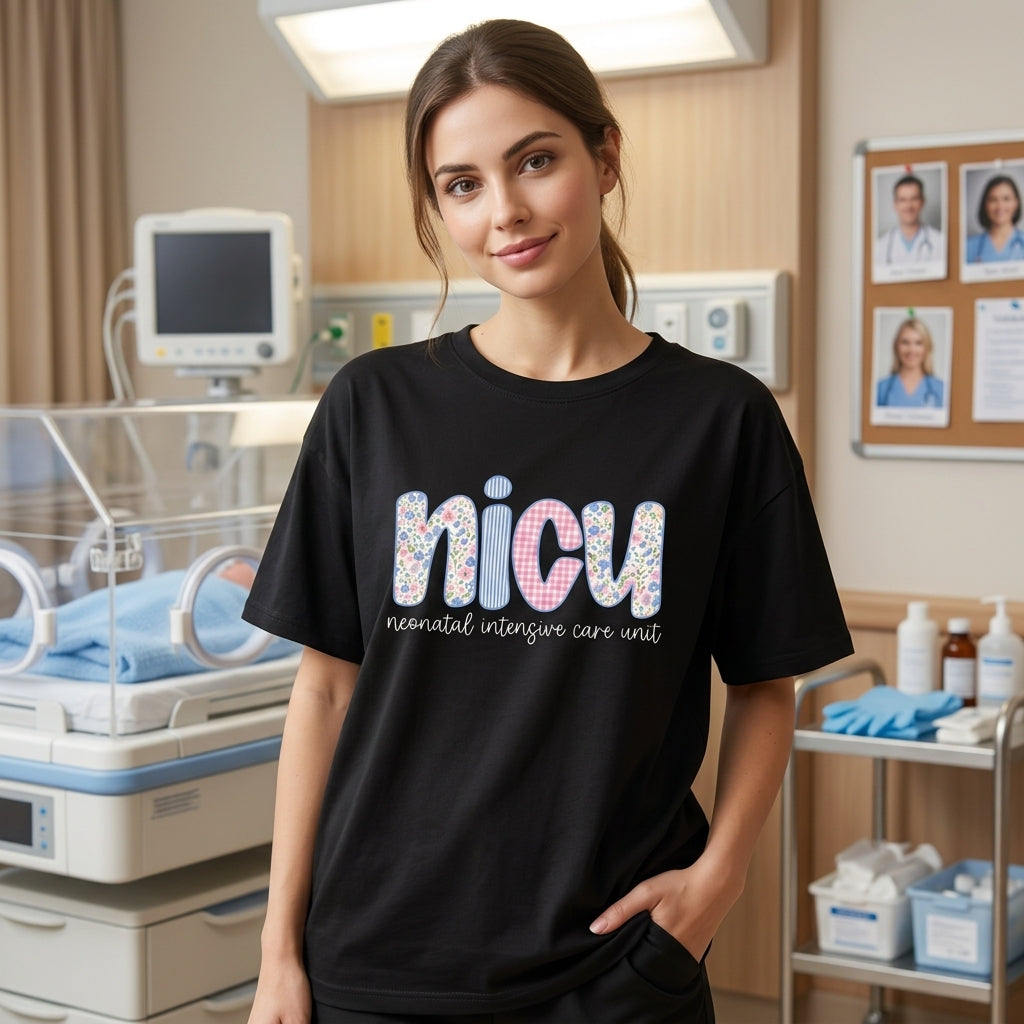 NICU Floral Gingham Neonatal Intensive Care Unit T-shirt Sweatshirt Hoodie - mockup 1