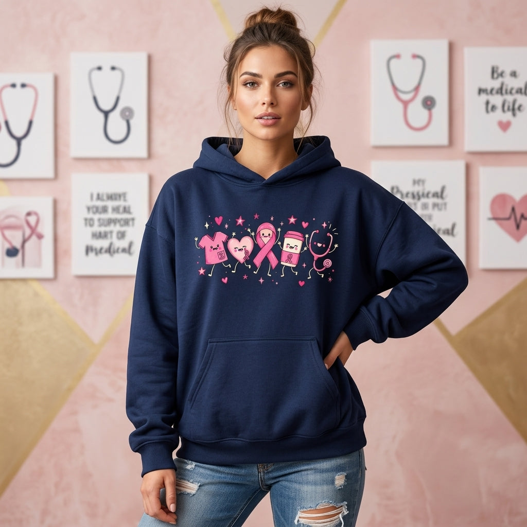 Breast Cancer Nurse Pink Ribbon Medical Doodle T-shirt Sweatshirt Hoodie – Cute Oncology Gift - mockup 3