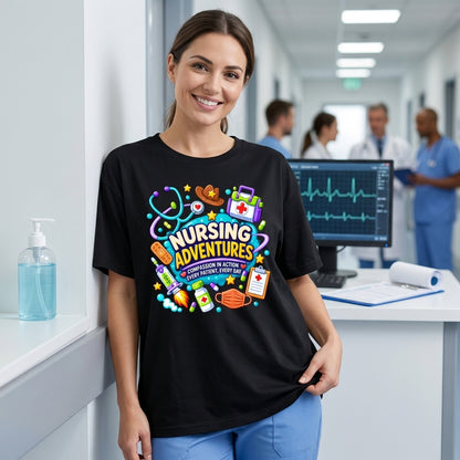 Nursing Adventures Nurse Story Shirt – Vibrant Medical Graphic T-shirt Sweatshirt Hoodie for Nurses - mockup 1