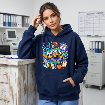 Nursing Adventures Nurse Story Shirt – Vibrant Medical Graphic T-shirt Sweatshirt Hoodie for Nurses - mockup 3
