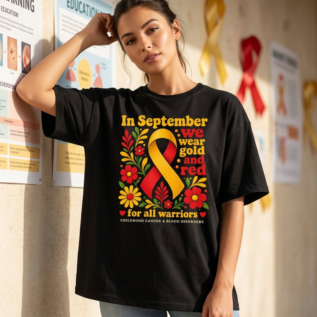 Gold and Red Childhood Cancer Awareness T-shirt Sweatshirt Hoodie for Warriors - mockup 1