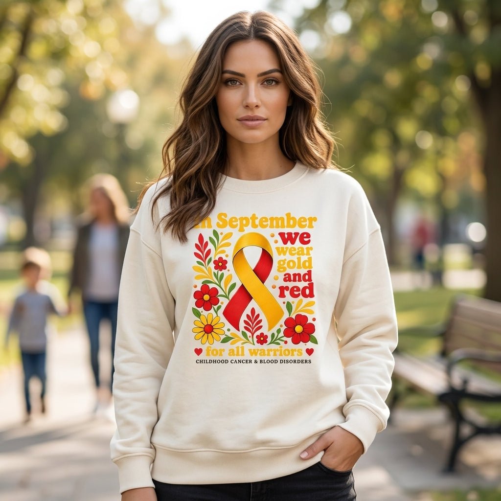 Gold and Red Childhood Cancer Awareness T-shirt Sweatshirt Hoodie for Warriors - mockup 2
