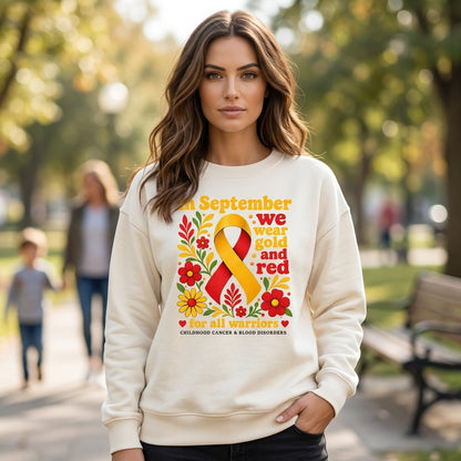 Gold and Red Childhood Cancer Awareness T-shirt Sweatshirt Hoodie for Warriors - mockup 2