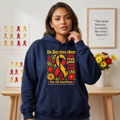 Gold and Red Childhood Cancer Awareness T-shirt Sweatshirt Hoodie for Warriors - mockup 3