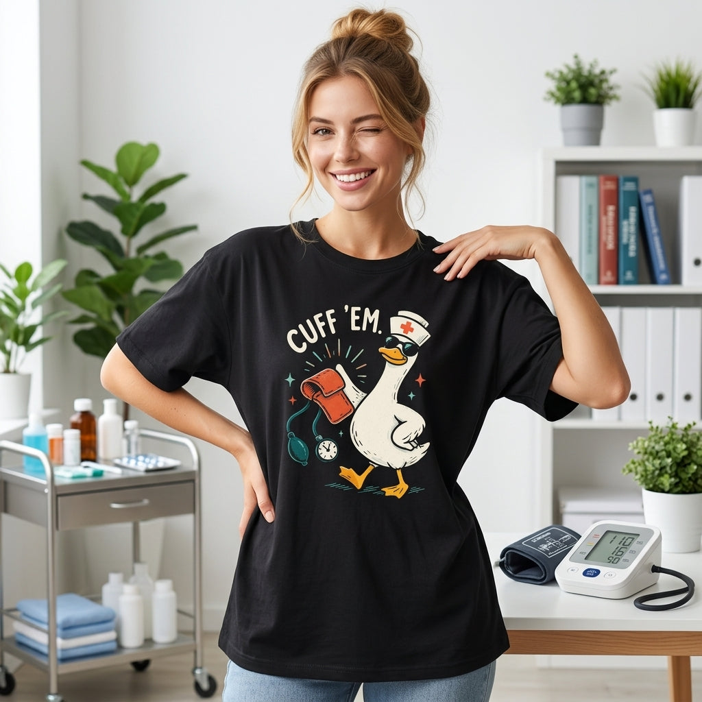 Cuff Em Funny Goose Nurse T-shirt Sweatshirt Hoodie - Funny ER RN Gift - mockup 1