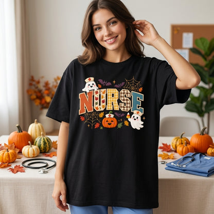 Halloween Nurse Gingham Applique Embroidered Style T-shirt Sweatshirt Hoodie - Fall Nursing Gift - mockup 1