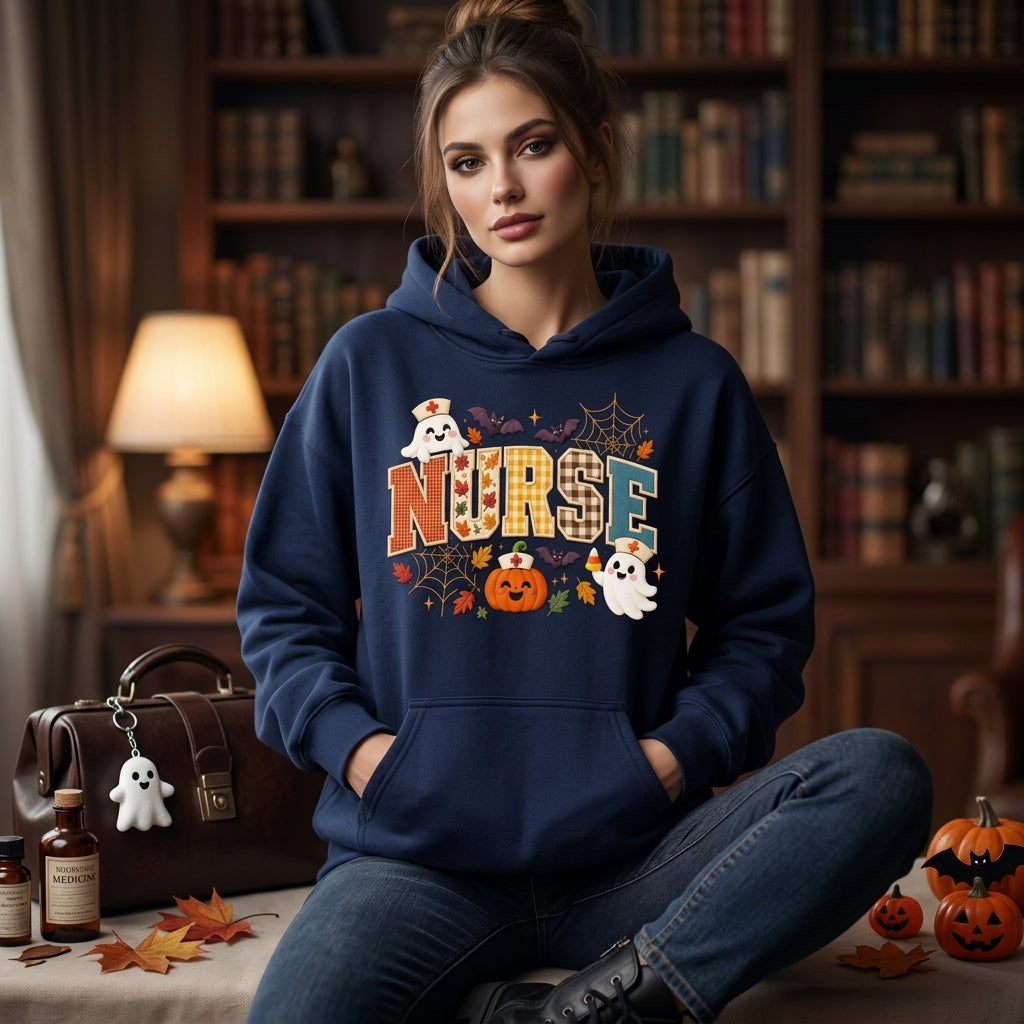 Halloween Nurse Gingham Applique Embroidered Style T-shirt Sweatshirt Hoodie - Fall Nursing Gift - mockup 3