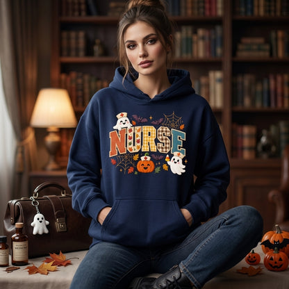 Halloween Nurse Gingham Applique Embroidered Style T-shirt Sweatshirt Hoodie - Fall Nursing Gift - mockup 3