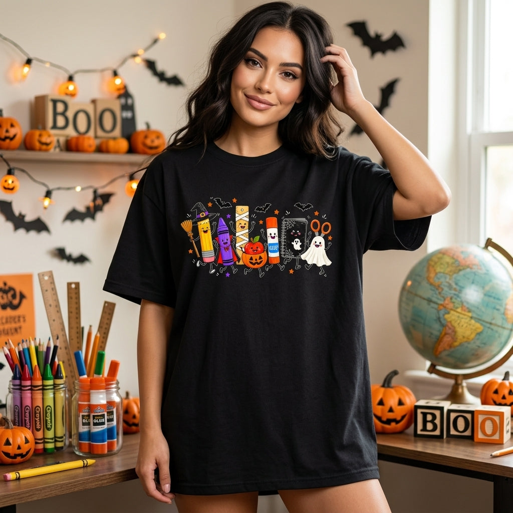 Spooky School Supplies Halloween Teacher T-shirt Sweatshirt Hoodie – Cute Classroom Gift - mockup 1