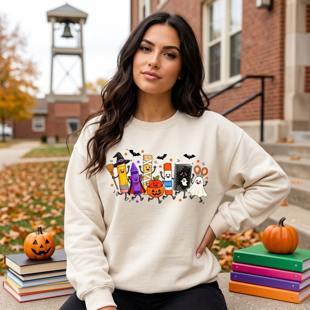 Spooky School Supplies Halloween Teacher T-shirt Sweatshirt Hoodie – Cute Classroom Gift - mockup 2
