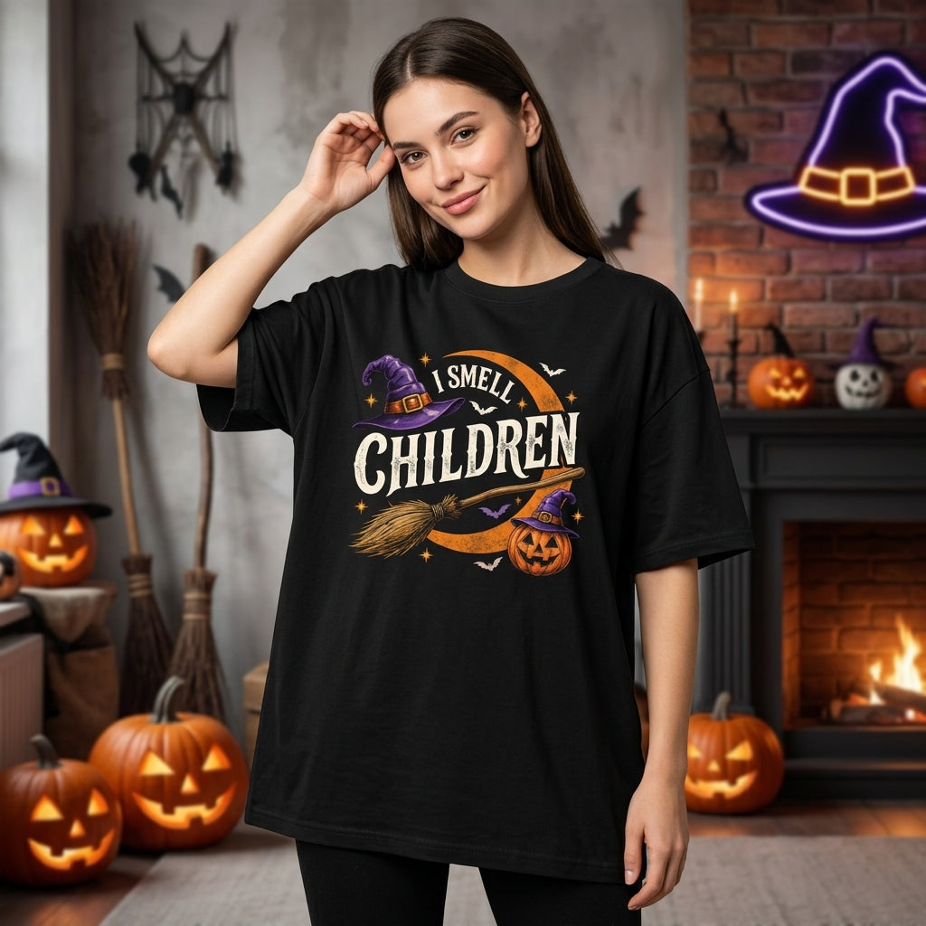 I Smell Children Shirt - Spooky Witch Broom & Pumpkin Halloween T-shirt Sweatshirt Hoodie - mockup 1