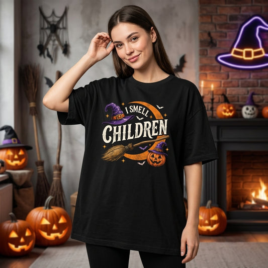 I Smell Children Shirt - Spooky Witch Broom & Pumpkin Halloween T-shirt Sweatshirt Hoodie - mockup 1