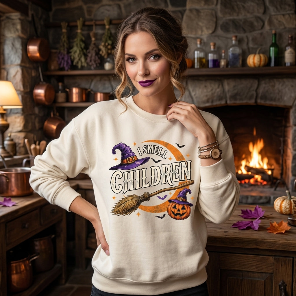 I Smell Children Shirt - Spooky Witch Broom & Pumpkin Halloween T-shirt Sweatshirt Hoodie - mockup 2