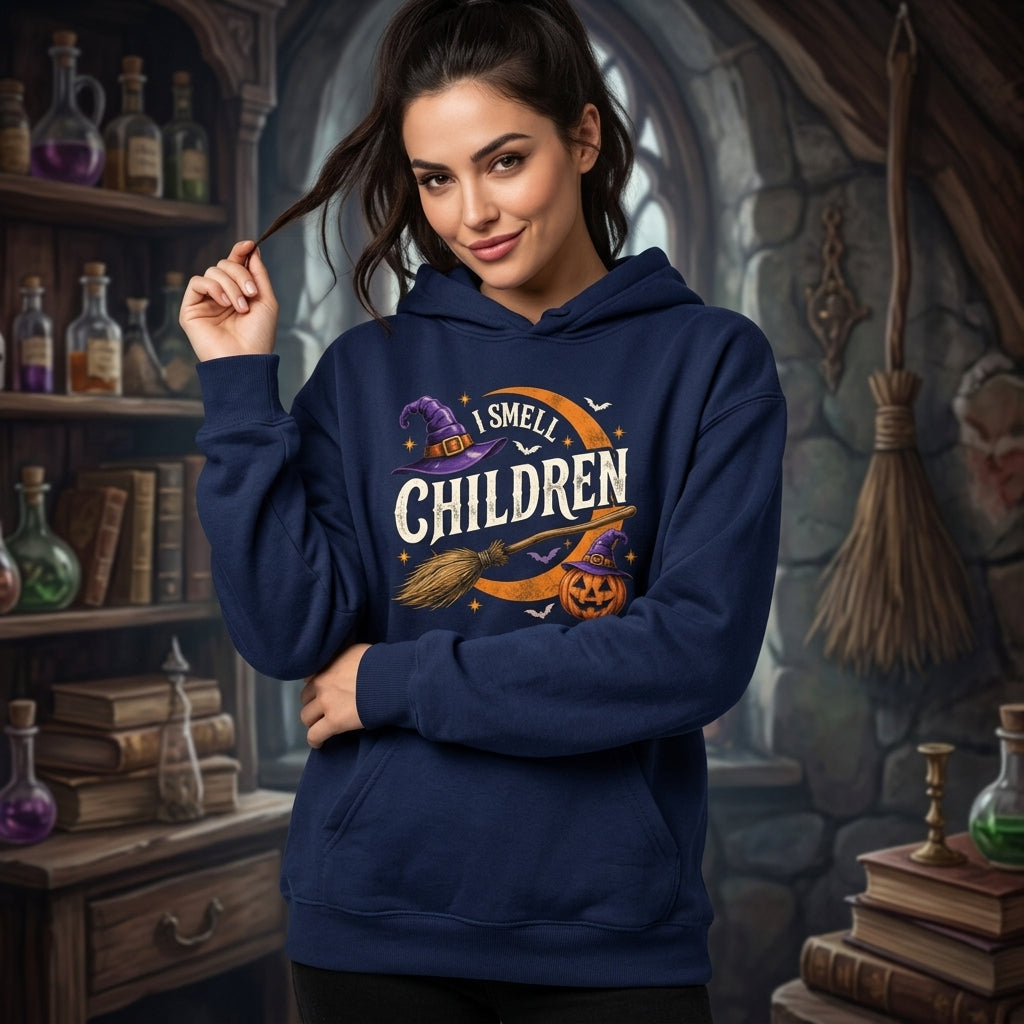 I Smell Children Shirt - Spooky Witch Broom & Pumpkin Halloween T-shirt Sweatshirt Hoodie - mockup 3