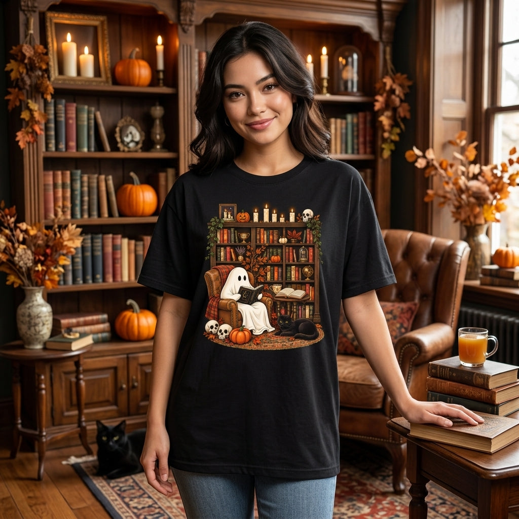 Retro Ghost Reading T-shirt Sweatshirt Hoodie – Cozy Halloween Librarian & Teacher Gift - mockup 1