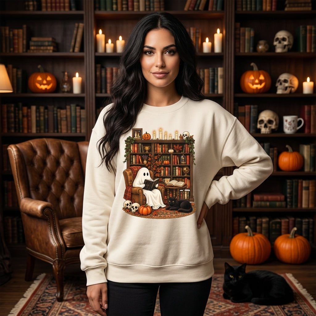 Retro Ghost Reading T-shirt Sweatshirt Hoodie – Cozy Halloween Librarian & Teacher Gift - mockup 2