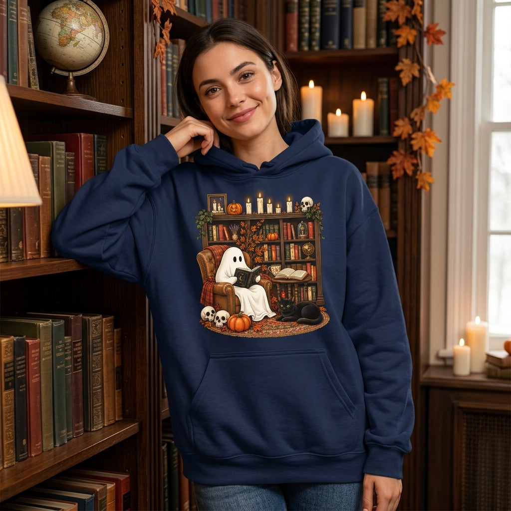 Retro Ghost Reading T-shirt Sweatshirt Hoodie – Cozy Halloween Librarian & Teacher Gift - mockup 3