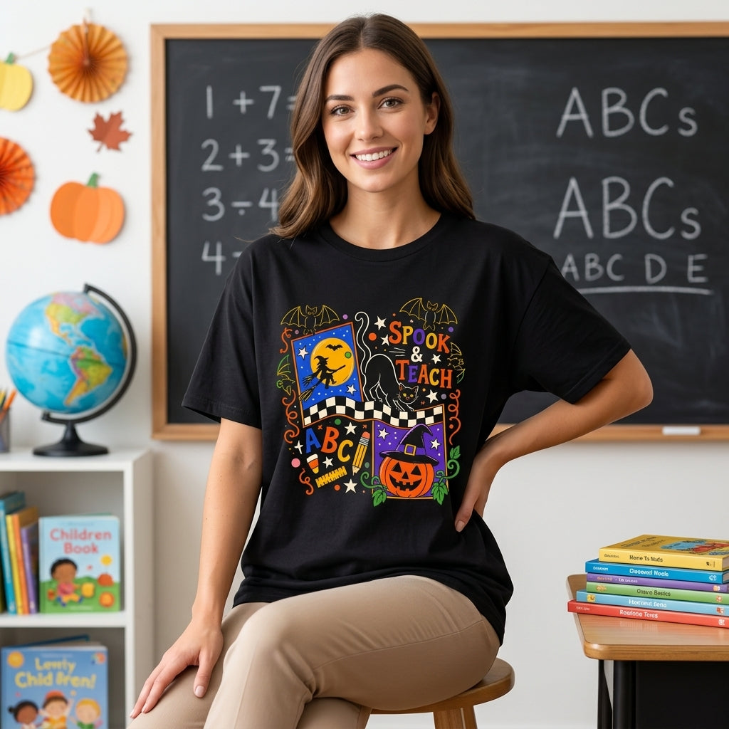 Spook & Teach Retro Halloween T-shirt Sweatshirt Hoodie - Trick or Teach Teacher Gift - mockup 1
