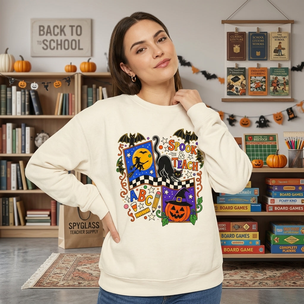 Spook & Teach Retro Halloween T-shirt Sweatshirt Hoodie - Trick or Teach Teacher Gift - mockup 2
