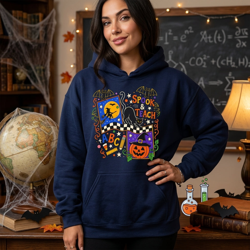 Spook & Teach Retro Halloween T-shirt Sweatshirt Hoodie - Trick or Teach Teacher Gift - mockup 3