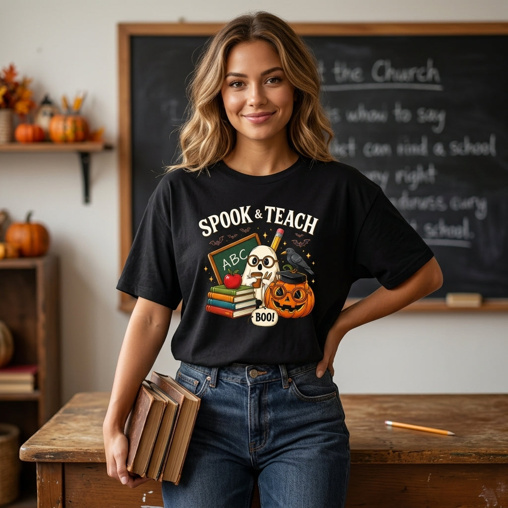 Spook & Teach Halloween Teacher T-shirt Sweatshirt Hoodie – Cute Ghost & School Pumpkin - mockup 1
