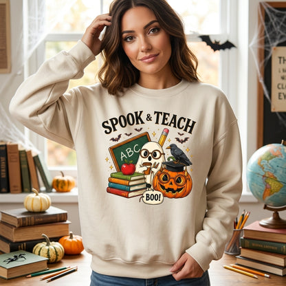 Spook & Teach Halloween Teacher T-shirt Sweatshirt Hoodie – Cute Ghost & School Pumpkin - mockup 2