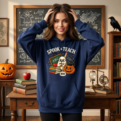 Spook & Teach Halloween Teacher T-shirt Sweatshirt Hoodie – Cute Ghost & School Pumpkin - mockup 3