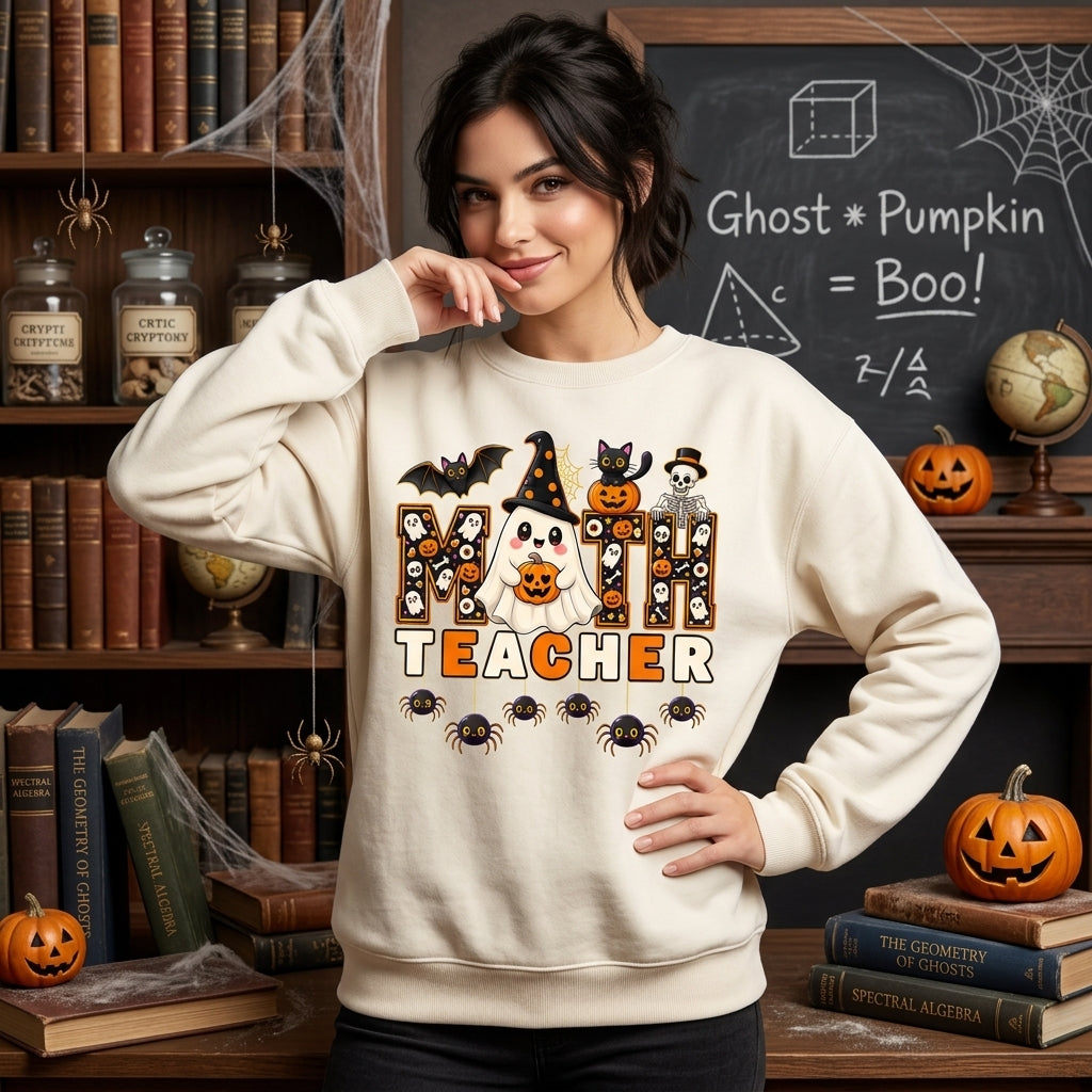 Math Teacher Halloween Shirt - Spooky Ghost Graphic T-shirt Sweatshirt Hoodie - mockup 2
