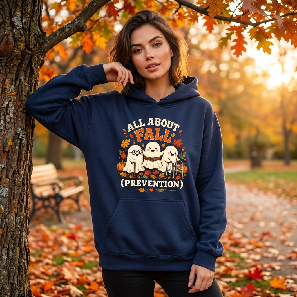 Ghost All About Fall Prevention T-shirt Sweatshirt Hoodie – Funny PT OT Halloween Top - mockup 3