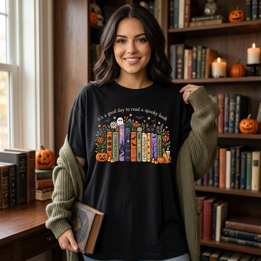 It's a Good Day to Read a Spooky Book T-shirt Sweatshirt Hoodie – Fall Reader Gift - mockup 1