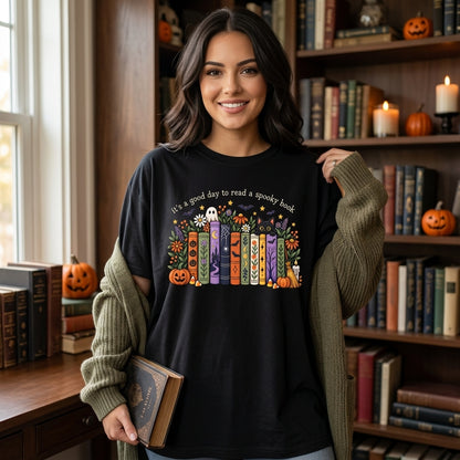 It's a Good Day to Read a Spooky Book T-shirt Sweatshirt Hoodie – Fall Reader Gift - mockup 1