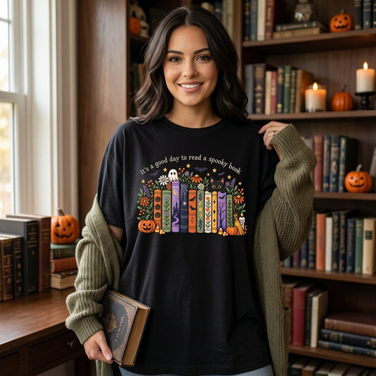 It's a Good Day to Read a Spooky Book T-shirt Sweatshirt Hoodie – Fall Reader Gift - mockup 1
