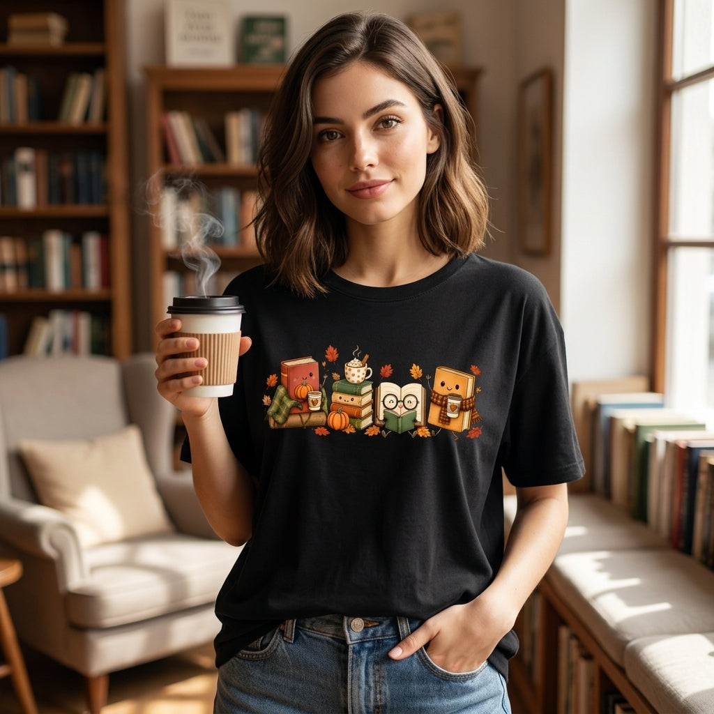 Cozy Book Lover T-shirt Sweatshirt Hoodie – Cute Autumn Reading & Coffee Design - mockup 1