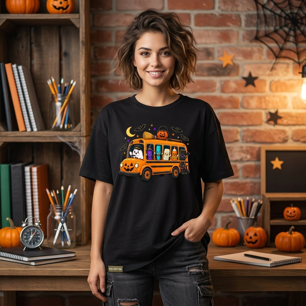 Halloween Teacher School Bus T-shirt Sweatshirt Hoodie - Spooky School Supplies Graphic Tee - mockup 1