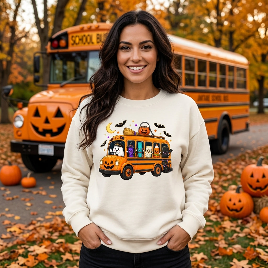 Halloween Teacher School Bus T-shirt Sweatshirt Hoodie - Spooky School Supplies Graphic Tee - mockup 2