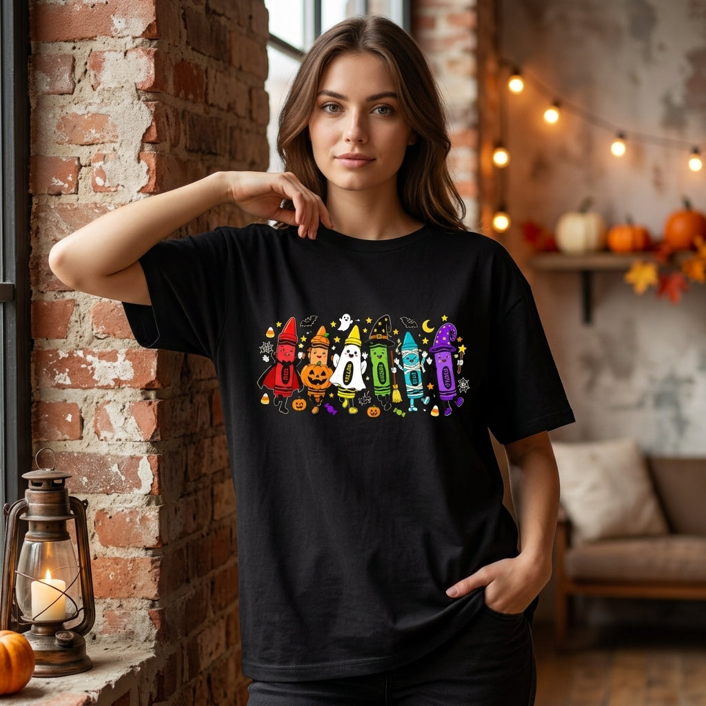 Halloween Crayon Teacher T-shirt Sweatshirt Hoodie – Cute Spooky Classroom Tee - mockup 1