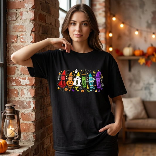 Halloween Crayon Teacher T-shirt Sweatshirt Hoodie – Cute Spooky Classroom Tee - mockup 1