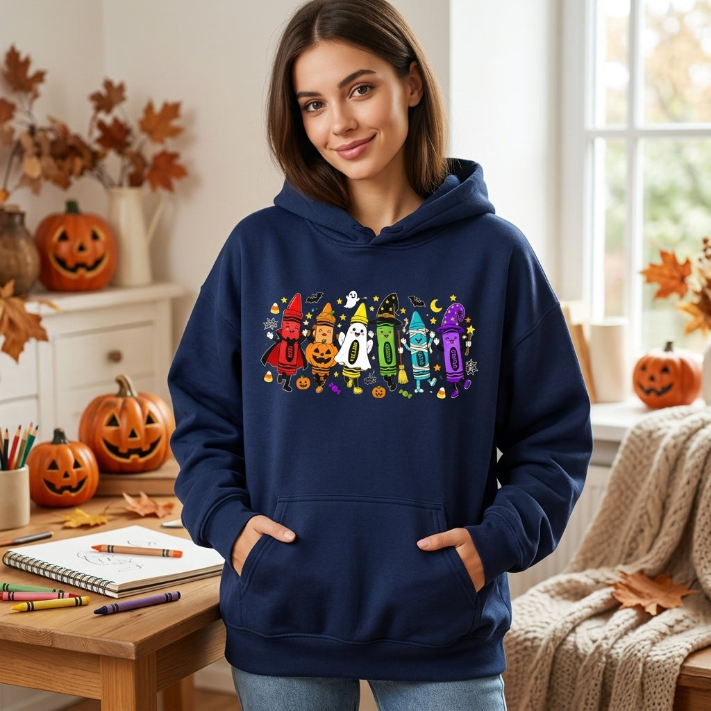 Halloween Crayon Teacher T-shirt Sweatshirt Hoodie – Cute Spooky Classroom Tee - mockup 3