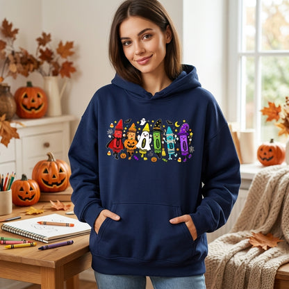 Halloween Crayon Teacher T-shirt Sweatshirt Hoodie – Cute Spooky Classroom Tee - mockup 3