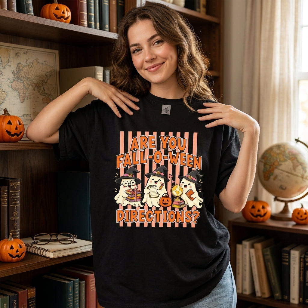 Are You Fall-O-Ween Directions Ghost Teacher T-shirt Sweatshirt Hoodie – Funny Halloween Shirt - mockup 1